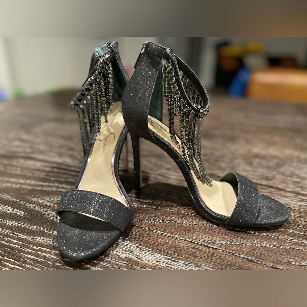 Jessica Simpson Black Sparkle Glitter Heels with Rhinestone Tassels